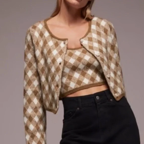 Zara Sweaters Zara Brown And White Argyle Cropped Cardigan